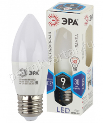 ЭРА.Лампа светодиод, B35/9Вт/4000К/E27/720Лм, свеча LED B35-9W-840-E27