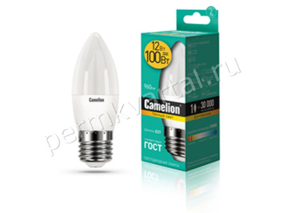 CAMELION.Лампа светодиод, C35/12Вт/E27/3000K/960Лм, свеча, LED C35-12W-830-E27
