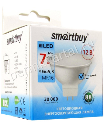 SMARTBUY.Лампа светодиод, GU5_3-07-40K-12V, SBL-GU5_3-07-40K-12V, рефлектор