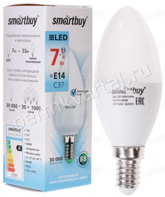 SMARTBUY.Лампа светодиод, 7W 4000K E14 550Лм,SBL-C37-07-40K-E14, свеча