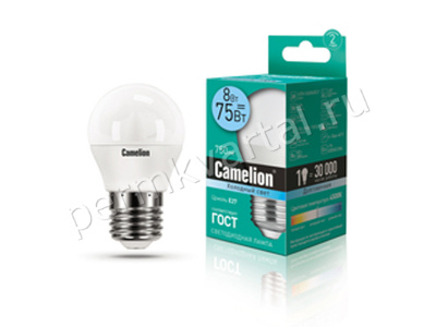 CAMELION.Лампа светодиод, G45/8Вт/E27/4500K/750Лм, шарик 12394/LED G45-8W-845-E27
