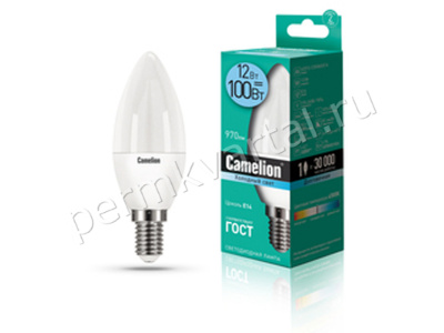 CAMELION.Лампа светодиод, C35/12Вт/E14/4500K/970Лм, свеча LED C35-12W-845-E14