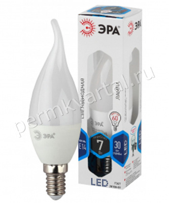 ЭРА.Лампа светодиод, BXS35/7Вт/4000К/E14/600Лм, свеча ветру