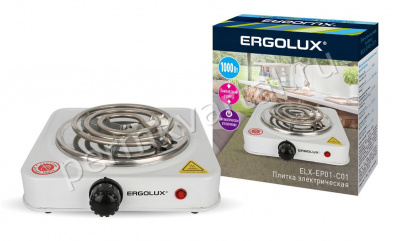 ERGOLUX.Плитка электрическая спиральная ELX-EP01-C01, белая/1конф./1000Вт/220-240В