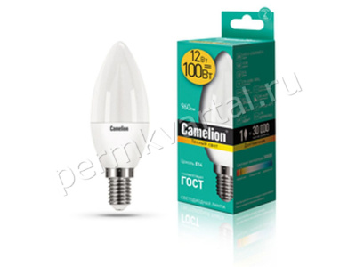 CAMELION.Лампа светодиод, C35/12Вт/E14/3000K/960Лм, свеча