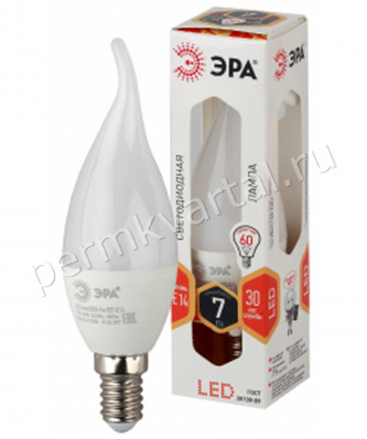 ЭРА.Лампа светодиод, BXS35/7Вт/2700К/E14/600Лм, свеча ветру