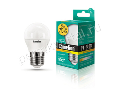 CAMELION.Лампа светодиод, G45/8Вт/E27/3000K/720Лм, шарик